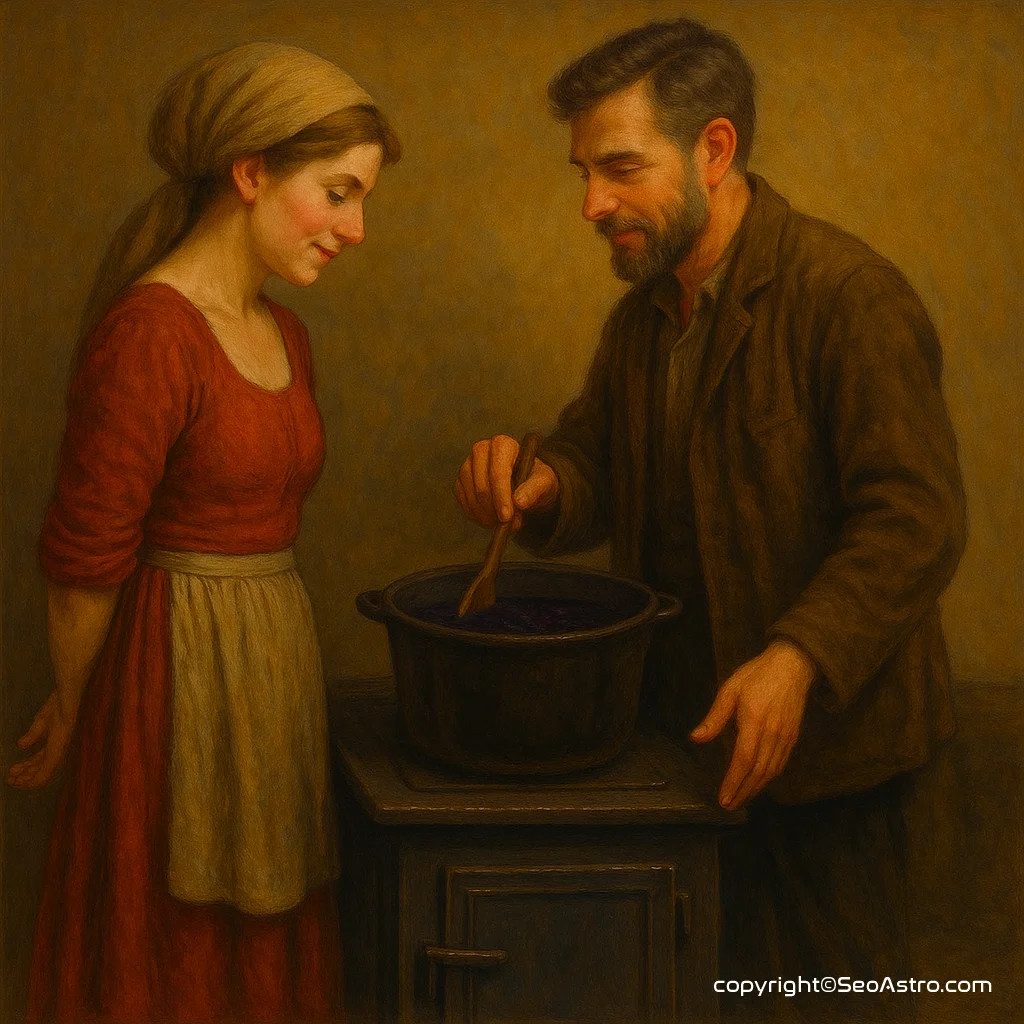 Egy nő és egy férfi szilvalekvárt főz a sparhelten