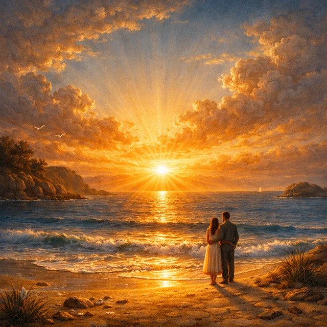 Festmény napfelkeltéről egy párral