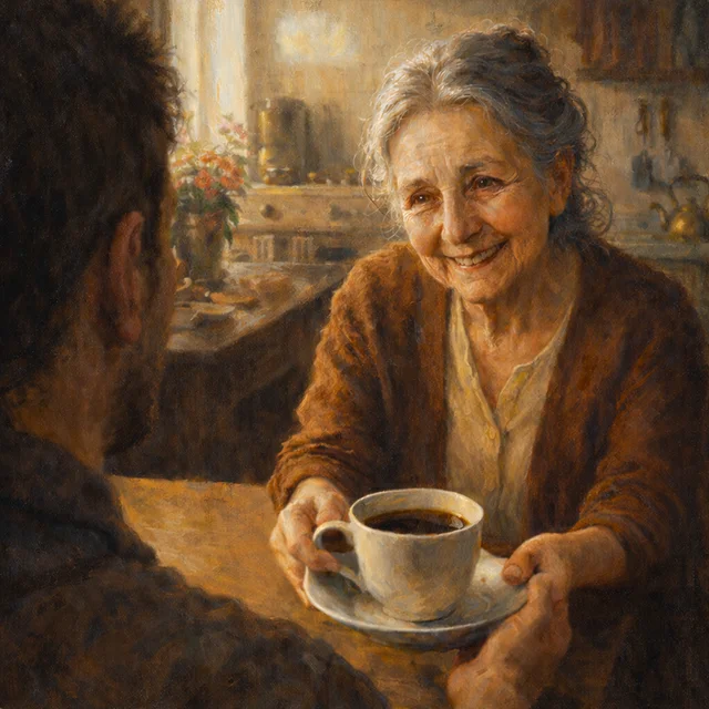 Olajfestmény: édesanya fekete kávéval kínálja a fiát