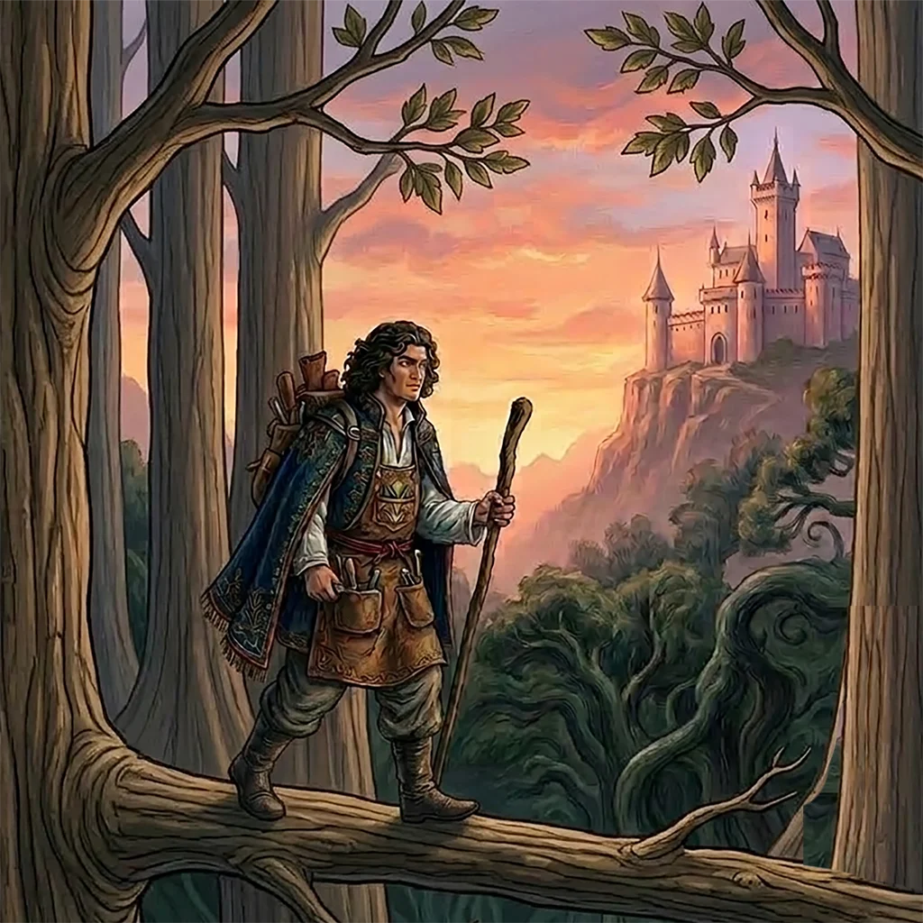 Festmény, egy cipész sétál a fák tetején egy kastély felé