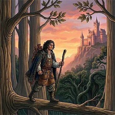 Festmény, egy cipész sétál a fák tetején egy kastély felé