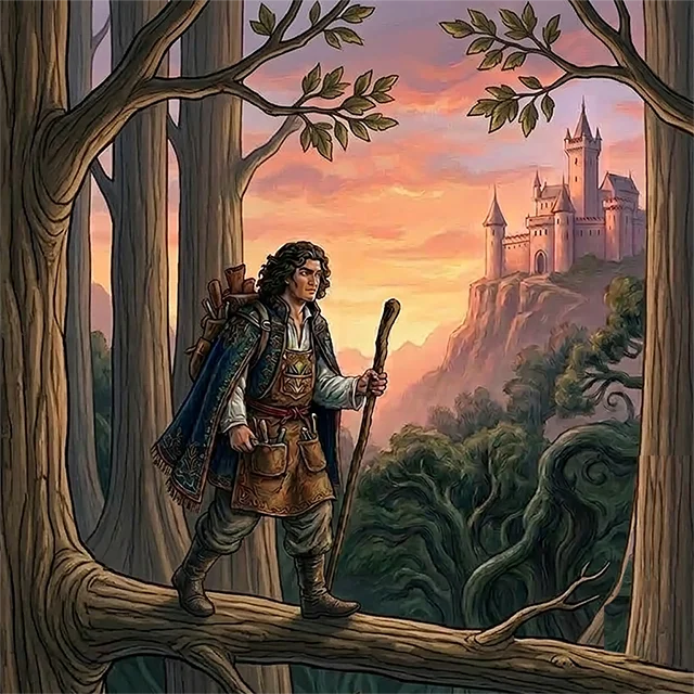 Festmény, egy cipész sétál a fák tetején egy kastély felé